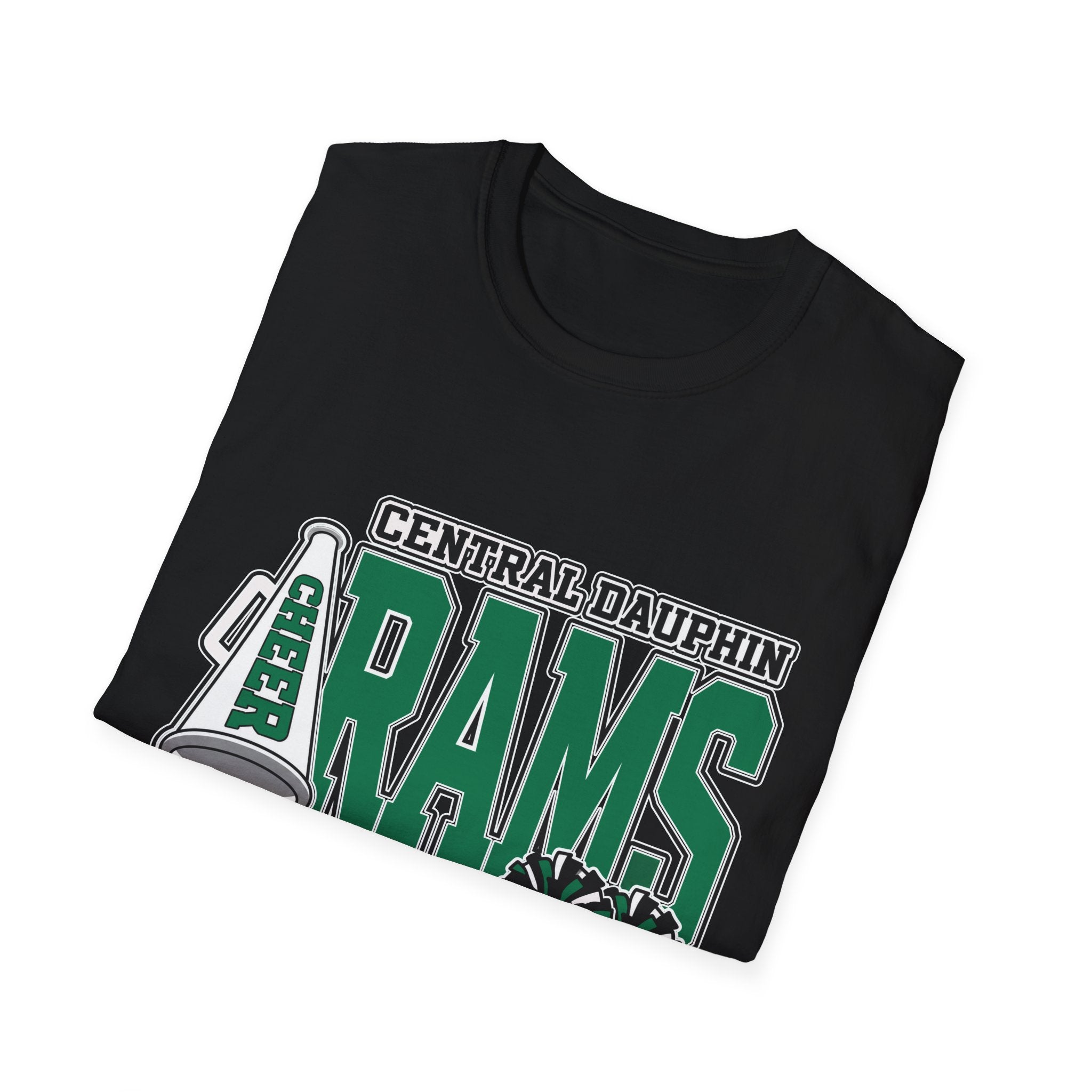 Central Dauphin Rams Cheer T-Shirt — School Spirit Tee with Megaphone & Pom Poms