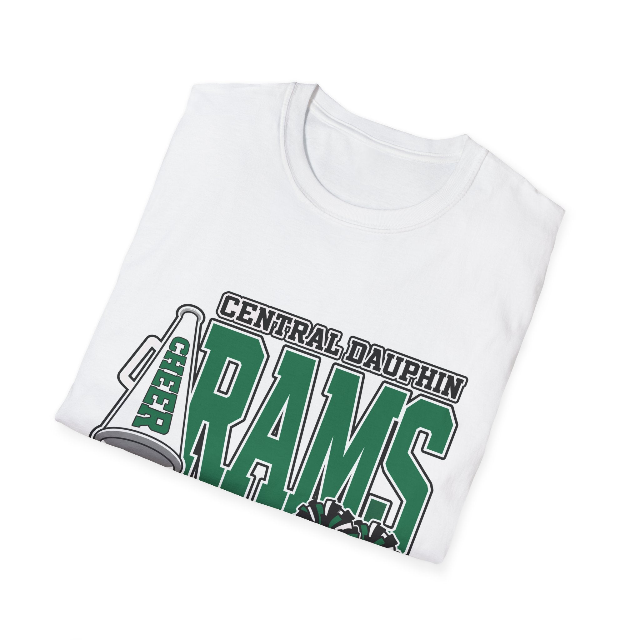 Central Dauphin Rams Cheer T-Shirt — School Spirit Tee with Megaphone & Pom Poms