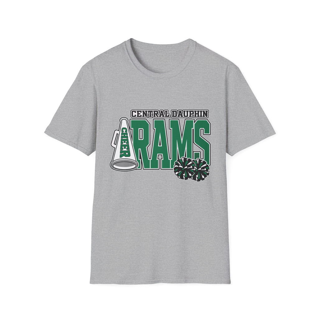 Central Dauphin Rams Cheer T-Shirt — School Spirit Tee with Megaphone & Pom Poms