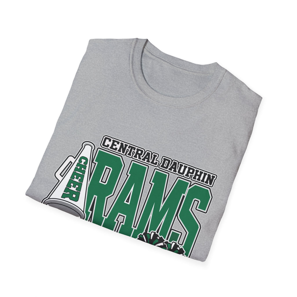 Central Dauphin Rams Cheer T-Shirt — School Spirit Tee with Megaphone & Pom Poms