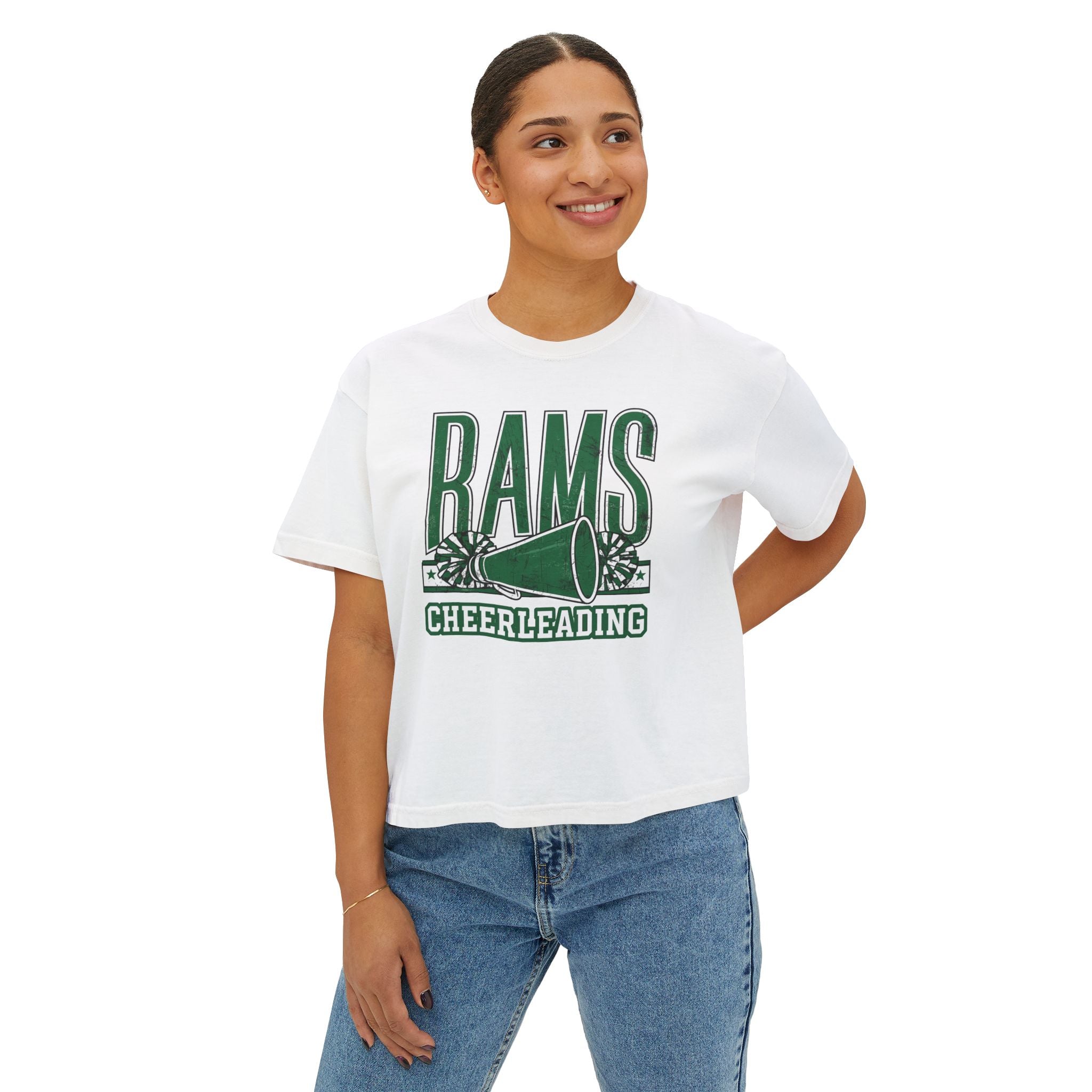 Rams Cheerleading Women's Boxy Tee — Vintage Megaphone Cheer Shirt