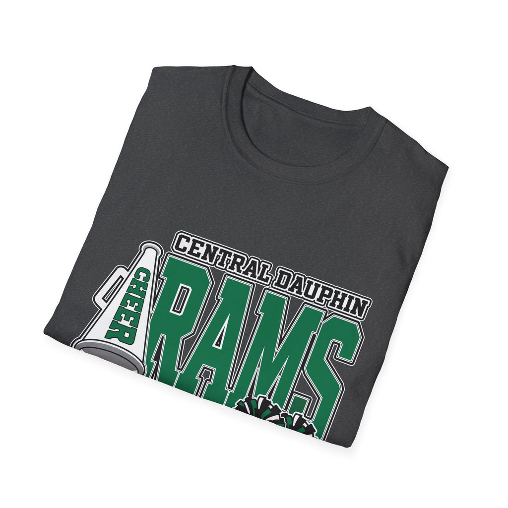 Central Dauphin Rams Cheer T-Shirt — School Spirit Tee with Megaphone & Pom Poms